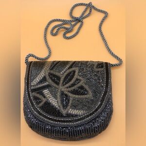 Mini Black Beaded Clamshell Crossbody Wedding  or Evening Bag